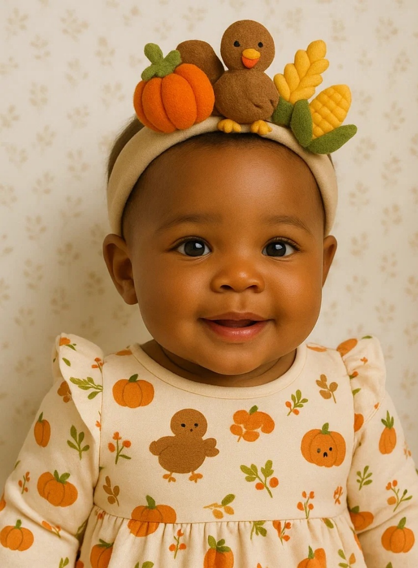 Thanksgiving Baby Headband – Soft Felt Turkey and Pumpkin