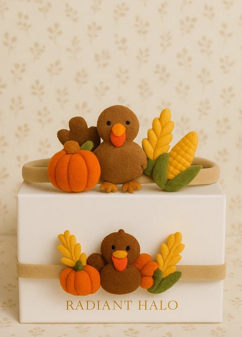 Thanksgiving Baby Headband – Soft Felt Turkey and Pumpkin
