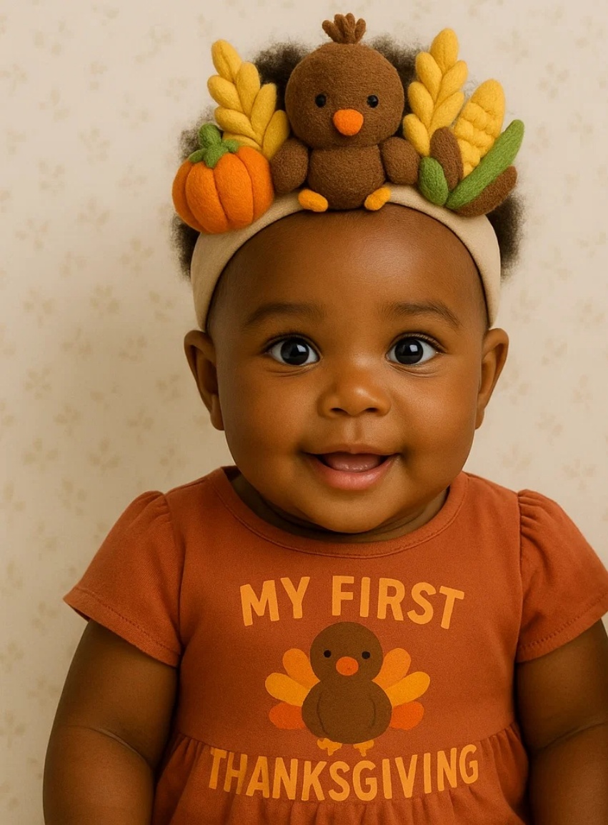 Thanksgiving Baby Headband – Cute Pilgrim & Corn Plush Design