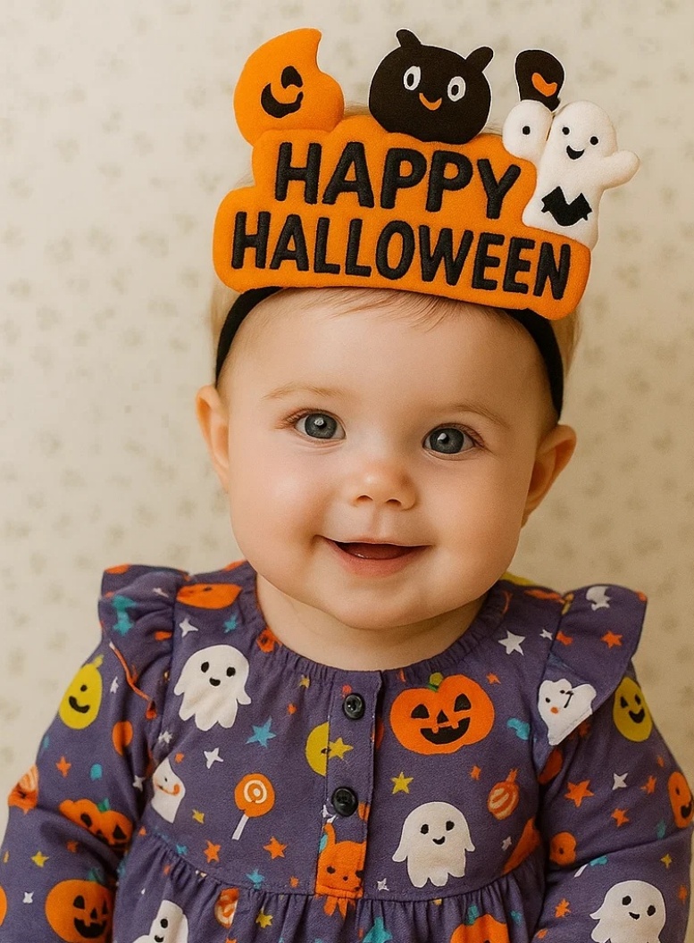 Dětská čelenka na Halloween s dýní, kočkou a duchem – Roztomilý doplněk