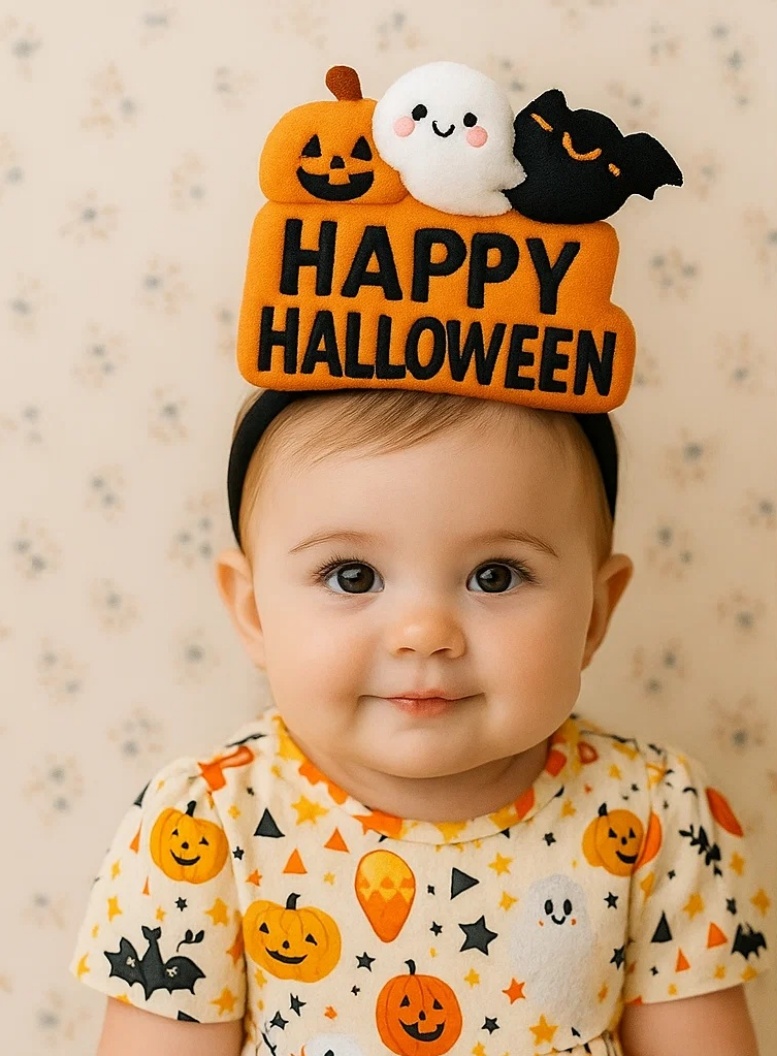 Radiant Halo Baby Halloween Headband with Pumpkin, Ghost & Bat – Adorable Spooky Style