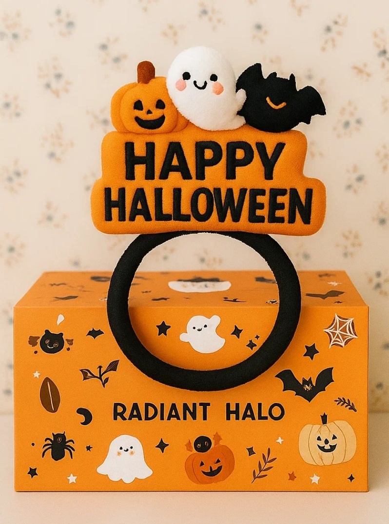 Radiant Halo Baby Halloween Headband with Pumpkin, Ghost & Bat – Adorable Spooky Style