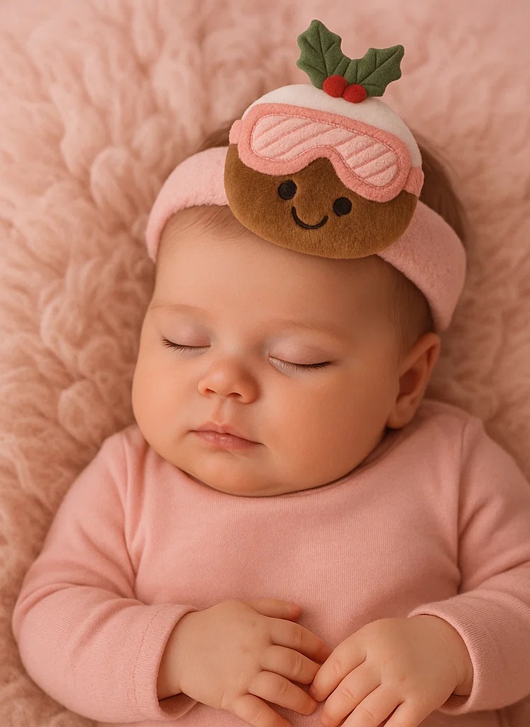 Christmas Pudding Plush Baby Headband with Pink Goggles – Soft Fleece Holiday Newborn Hairband