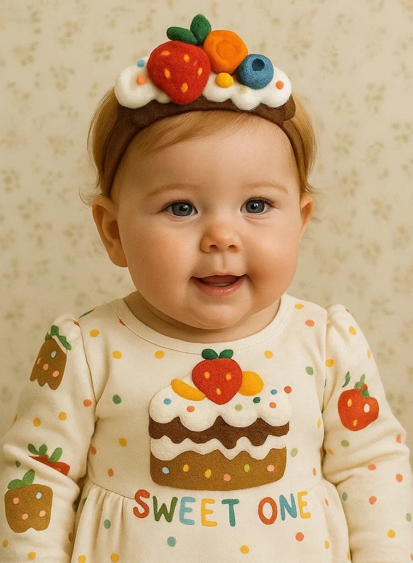 Diadema para bebé con diseño de pastel de frutas, fresas, arándanos y crema batida