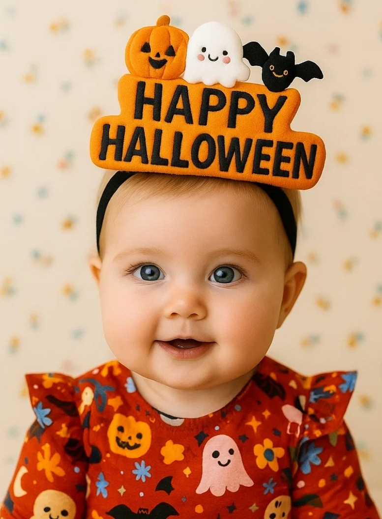 Radiant Halo Cute Halloween Baby Headband with Pumpkin, Ghost & Bat – Festive Costume Accessory