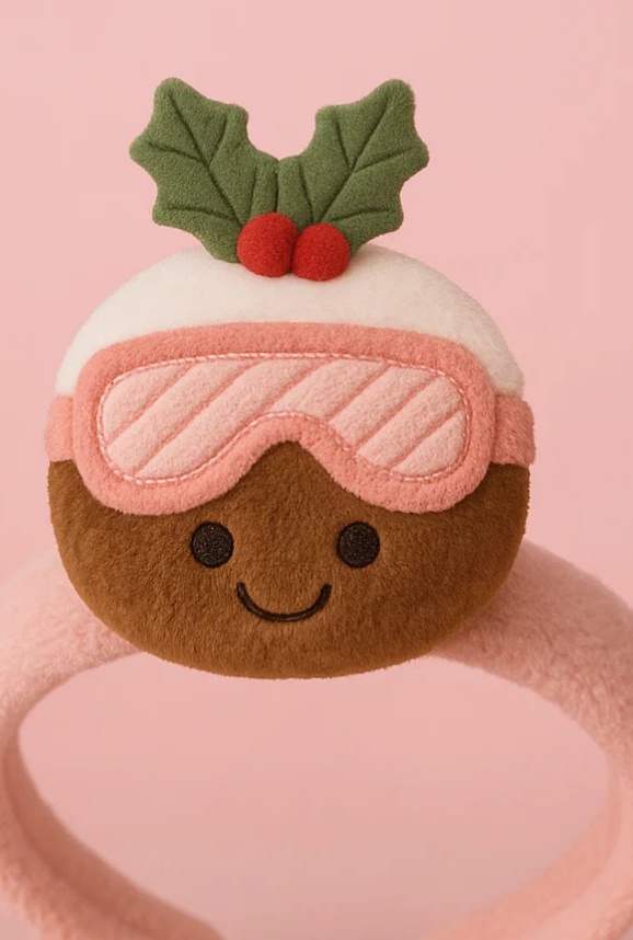 Christmas Pudding Plush Baby Headband with Pink Goggles – Soft Fleece Holiday Newborn Hairband