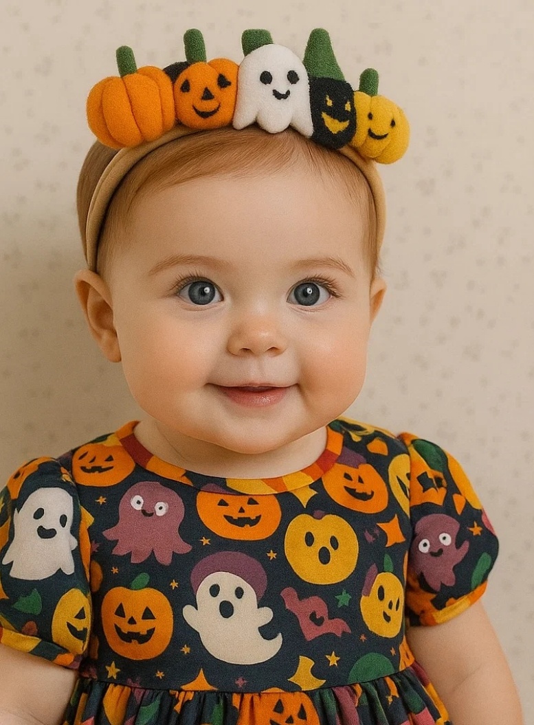 Radiant Halo Baby Headband with Halloween Pumpkins, Ghosts & Bats – Playful Holiday Look