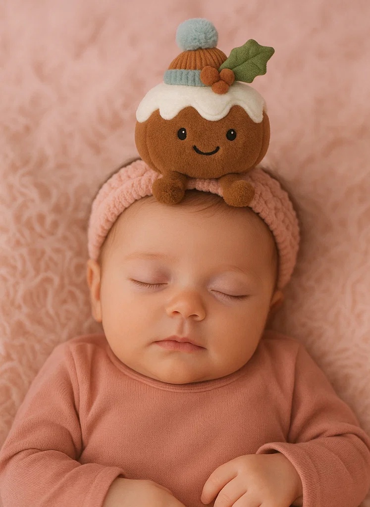 Christmas Pudding Plush Baby Headband with Blue Pom Hat – Cozy Fleece Winter Newborn Hairband