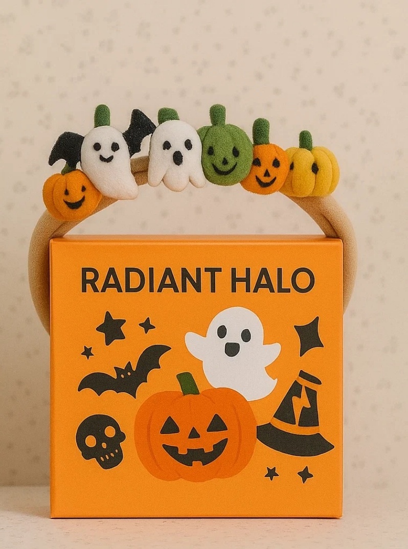 Radiant Halo Baby Headband with Halloween Pumpkins, Ghosts & Bats – Playful Holiday Look