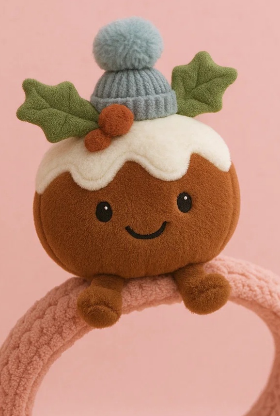 Christmas Pudding Plush Baby Headband with Blue Pom Hat – Cozy Fleece Winter Newborn Hairband