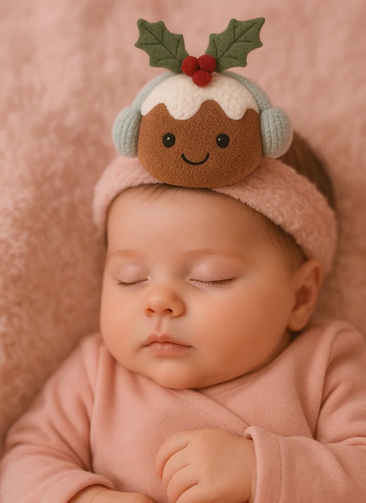 Christmas Pudding Plush Baby Headband with Gray Ear Muffs – Soft Fleece Festive Newborn Hairband