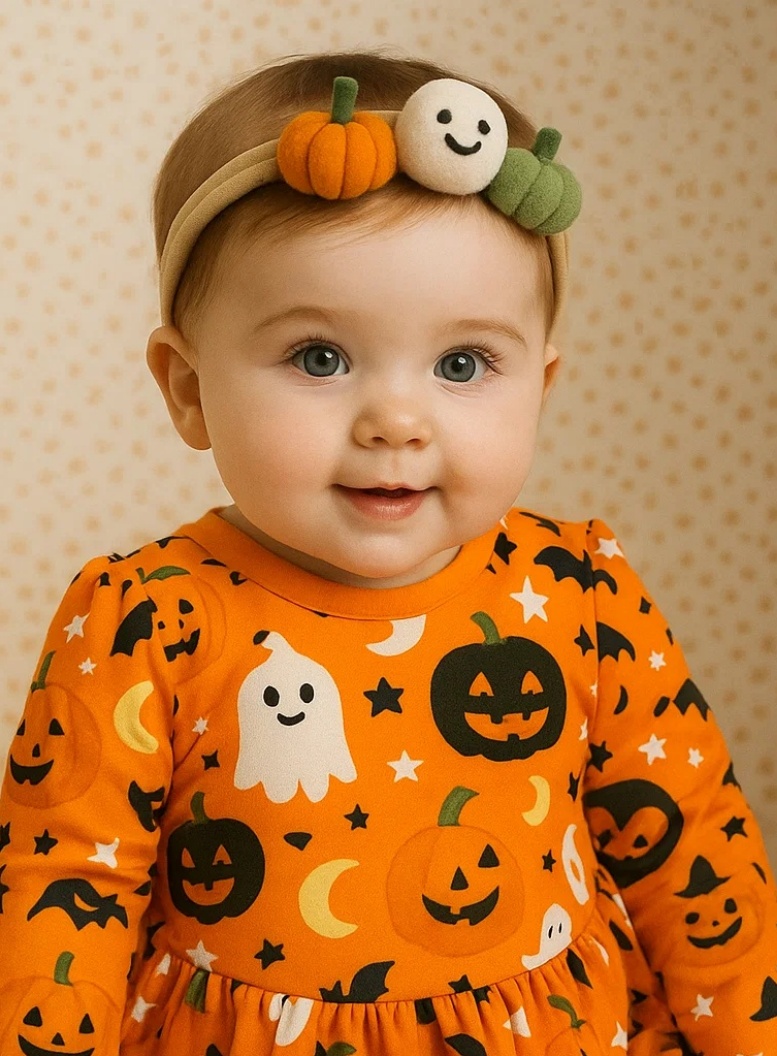 Radiant Halo Baby Halloween Headband with Pumpkins, Ghosts & Bat – Cute and Festive