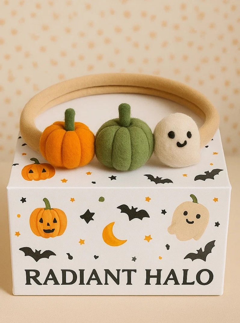 Radiant Halo Baby Halloween Headband with Pumpkins, Ghosts & Bat – Cute and Festive