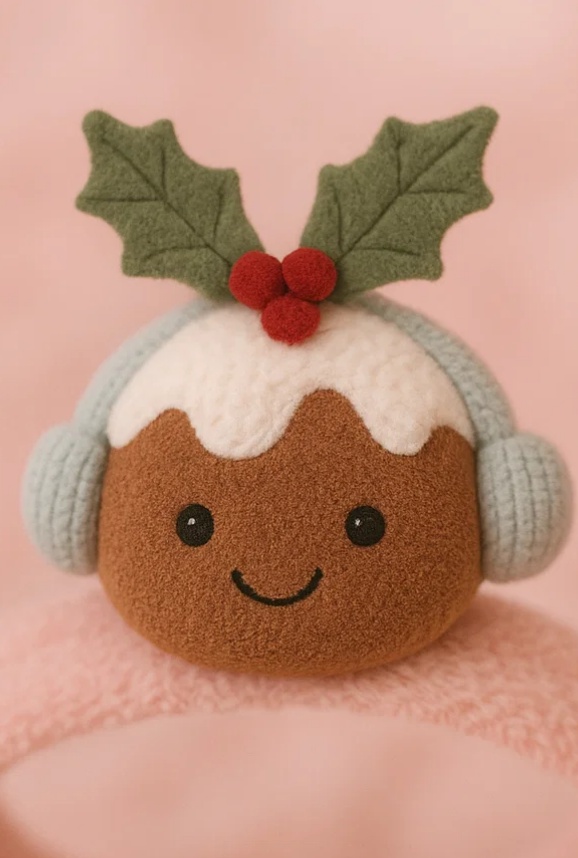 Christmas Pudding Plush Baby Headband with Gray Ear Muffs – Soft Fleece Festive Newborn Hairband