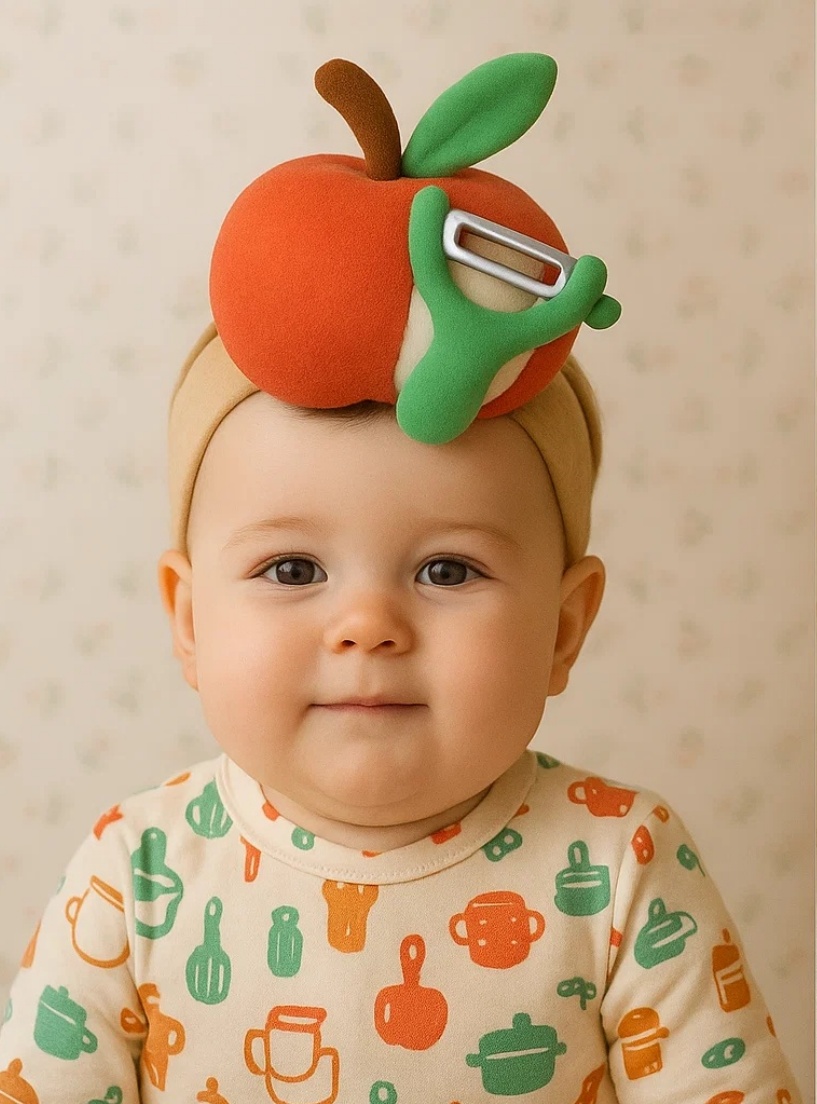 Diadème de Pomme et Éplucheur pour Bébé – Un Accessoire Créatif pour les Petits Chefs