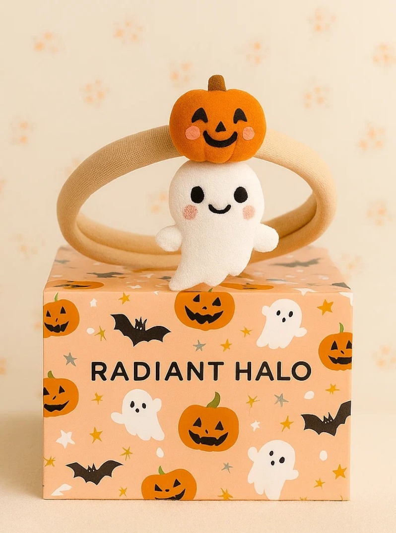 Radiant Halo Cute Baby Headband with Pumpkin and Ghost – Sweet Halloween Accessory