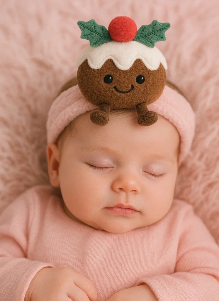 Christmas Pudding Plush Baby Headband with Red Pom – Fleece Holiday Newborn Hairband