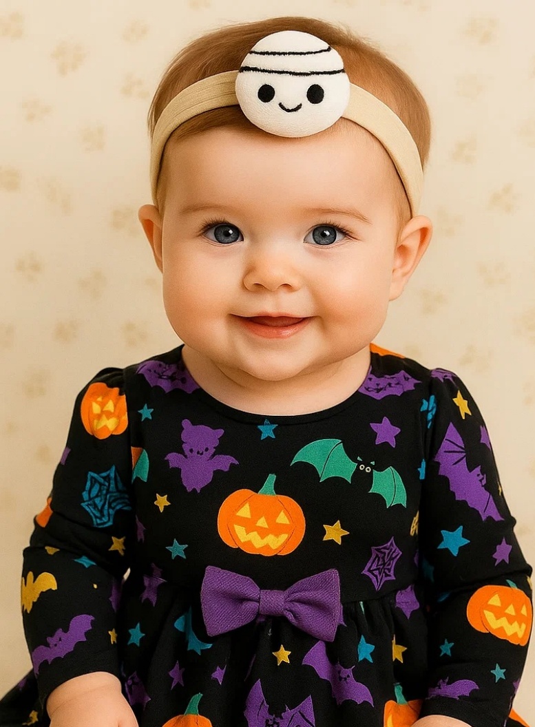 Radiant Halo Baby Headband with Mummy & Pumpkin Design – Spooky and Cute