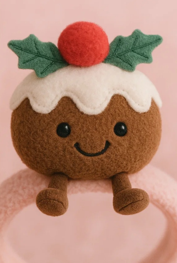 Christmas Pudding Plush Baby Headband with Red Pom – Fleece Holiday Newborn Hairband