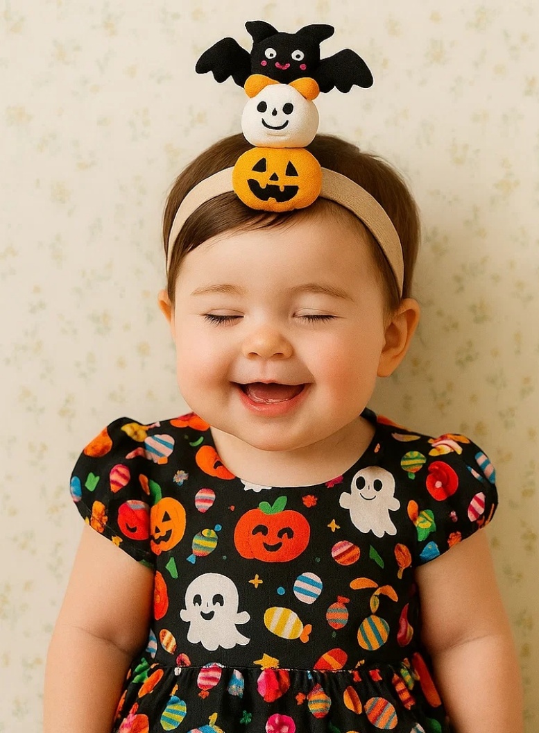 Radiant Halo Halloween Baby Headband with Bat, Ghost & Pumpkin Stack – Fun and Festive