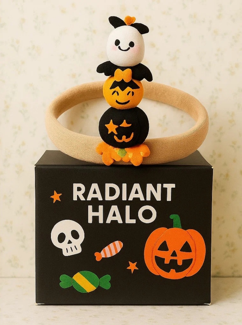 Radiant Halo Halloween Baby Headband with Bat, Ghost & Pumpkin Stack – Fun and Festive