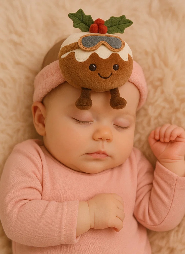 Christmas Pudding Plush Baby Headband with Gray Goggles – Soft Fleece Newborn Holiday Hairband