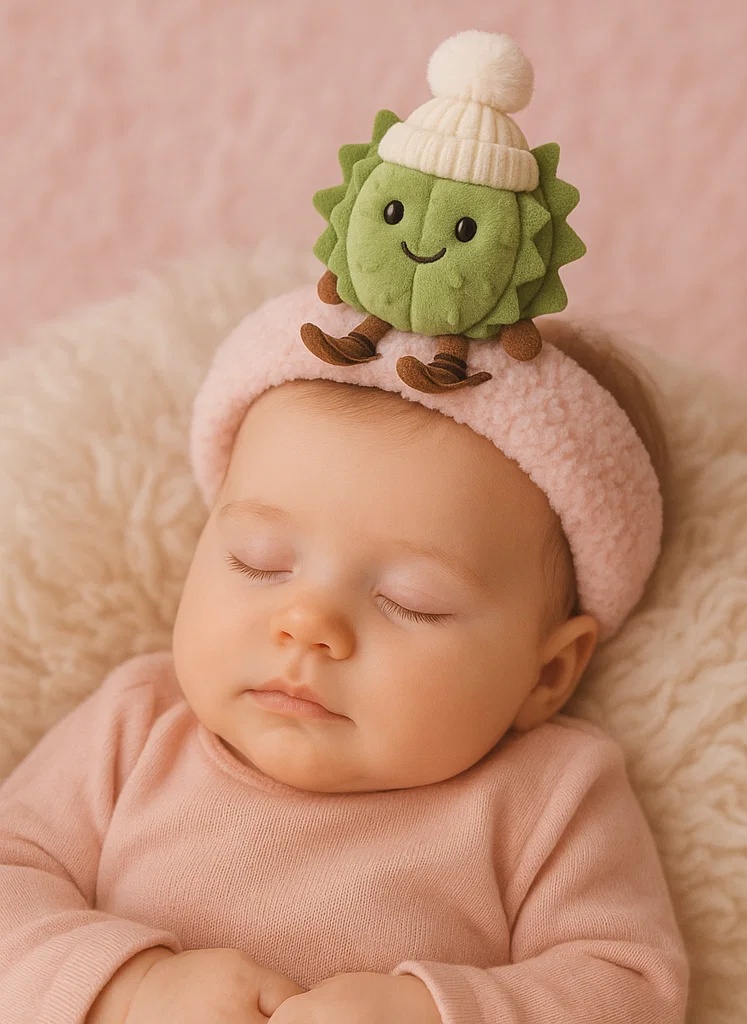 Adorable Plush Toy Baby Headband with Durian Design and White Pom Hat - Soft and Comfortable for Newborns