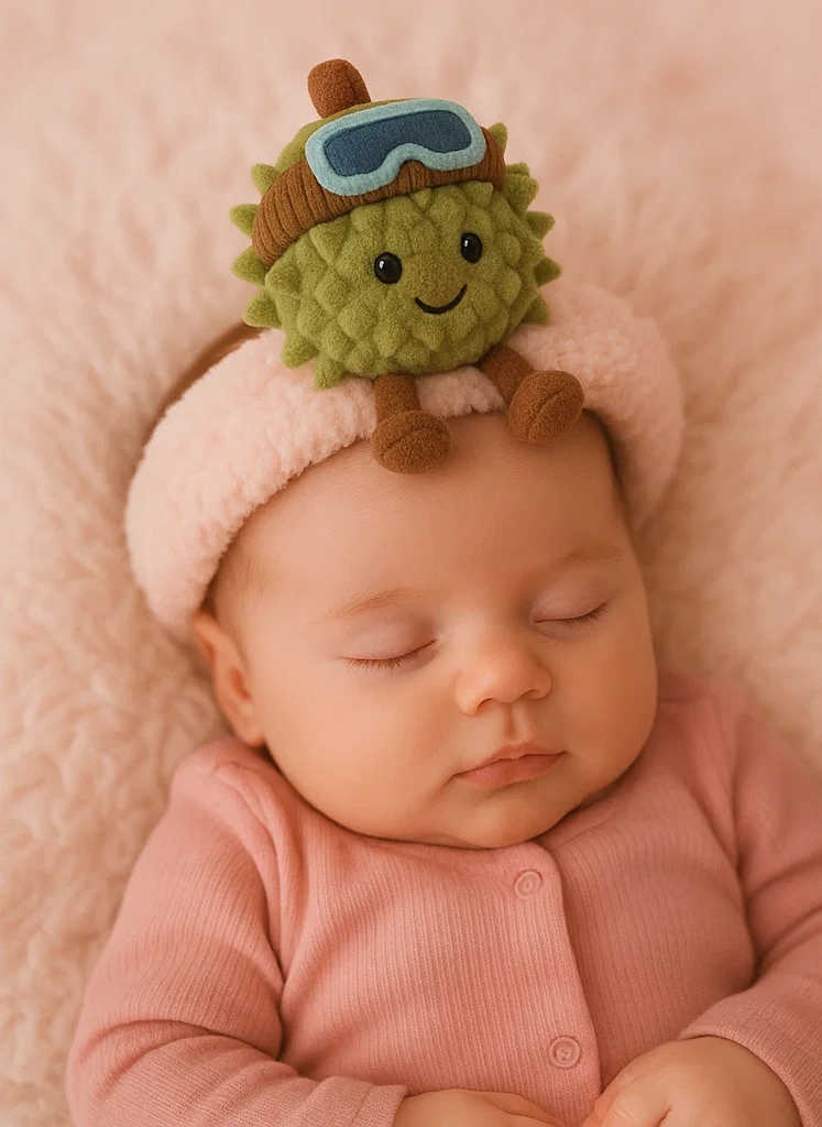 Adorable Plush Toy Baby Headband with Durian Design and Winter Hat - Soft and Comfortable for Newborns