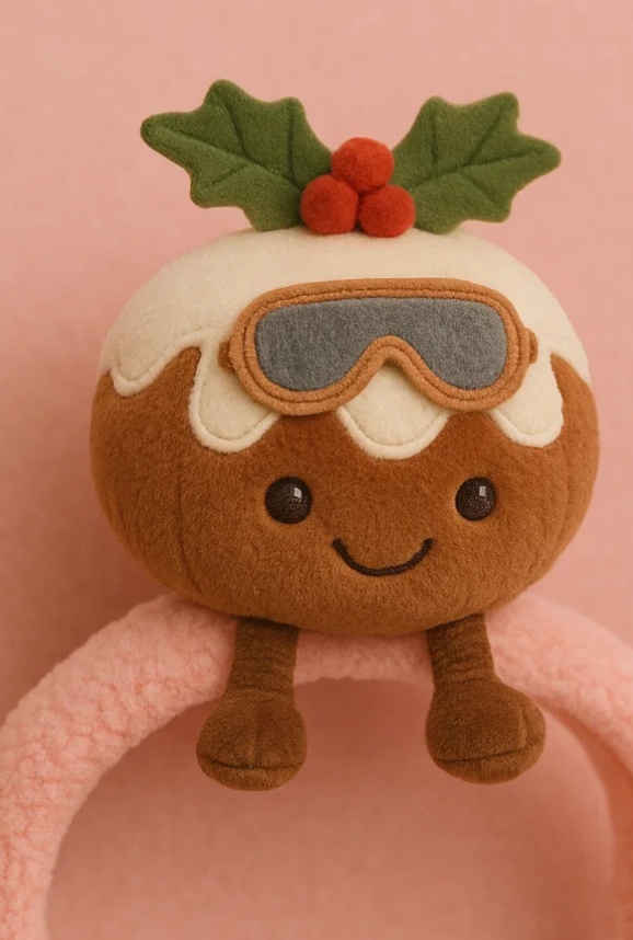 Christmas Pudding Plush Baby Headband with Gray Goggles – Soft Fleece Newborn Holiday Hairband