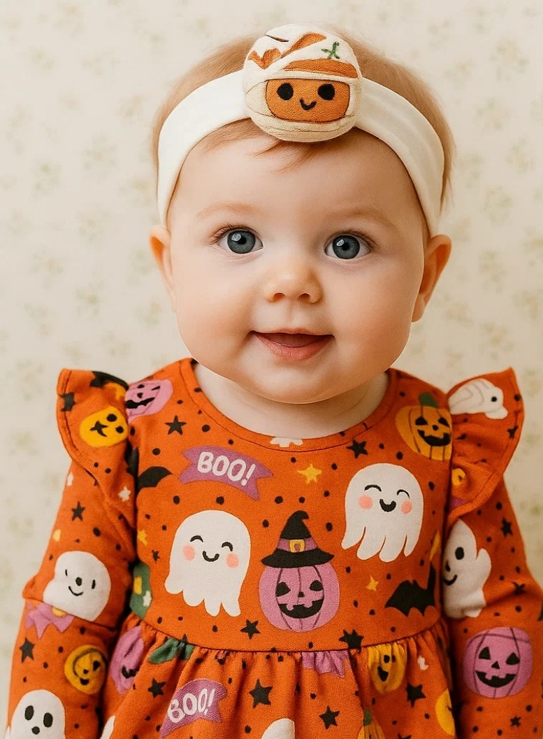 Halloween diadéma pro miminko Radiant Halo s mumií, dýní a duchem – Roztomilý a sváteční doplněk