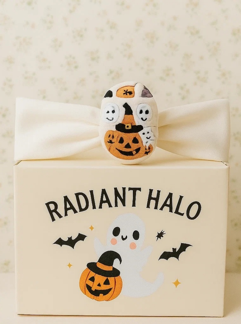 Halloween diadéma pro miminko Radiant Halo s mumií, dýní a duchem – Roztomilý a sváteční doplněk