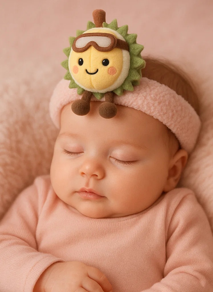 Durian Plush Baby Headband with Knitted Beanie – Cute Tropical Fruit Look