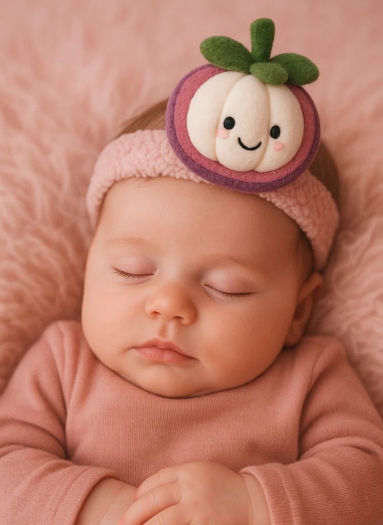 Mangosteen Plush Baby Headband with Leaf Top – Tropical Fruit Style