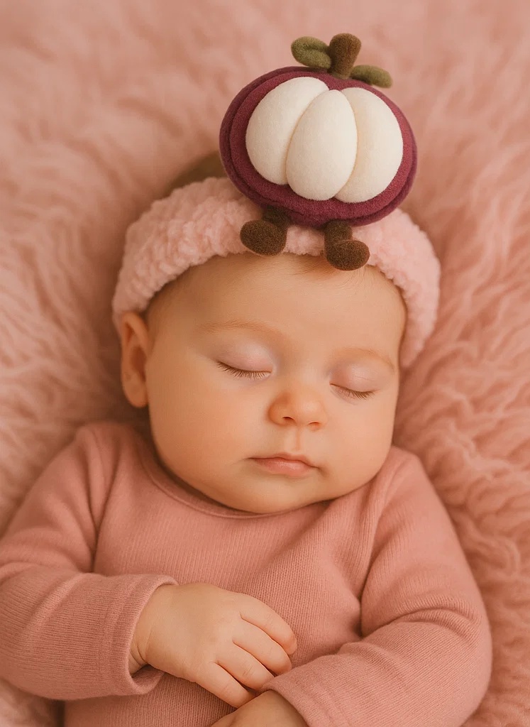Mangosteen Plush Baby Headband with 3D Leafy Crown – Soft Cartoon Design