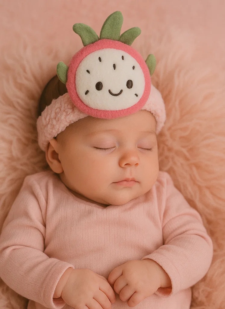 Smiley Dragon Fruit Baby Headband with Leaf Crown – Cartoon Plush Style