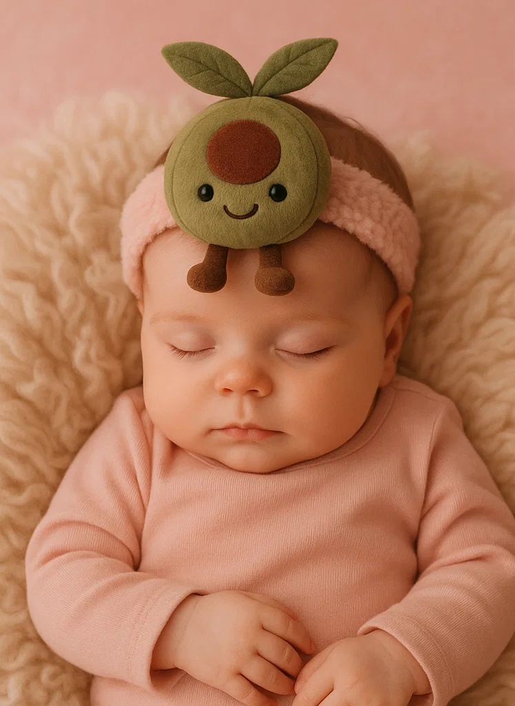 Avocado Plush Baby Headband with Leaf Top – Smiling Cartoon Fruit Style