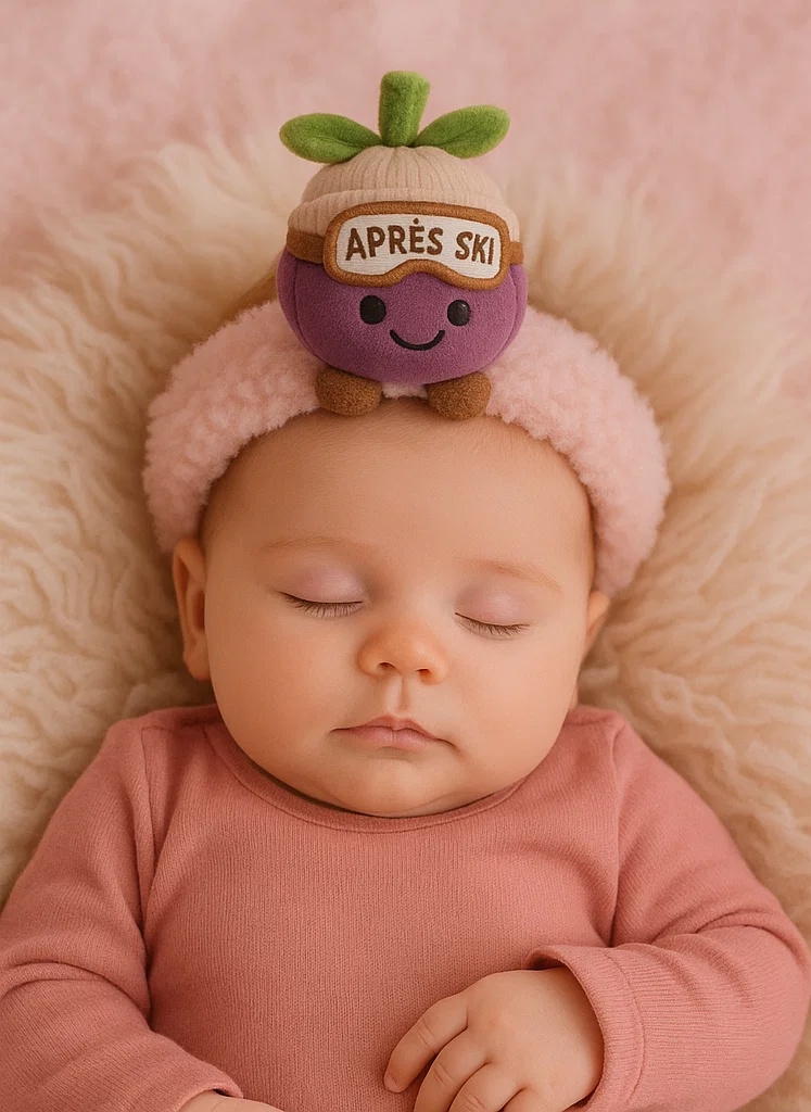 Mangosteen Plush Baby Headband with Après Ski Goggles – Winter Cartoon Fruit Style