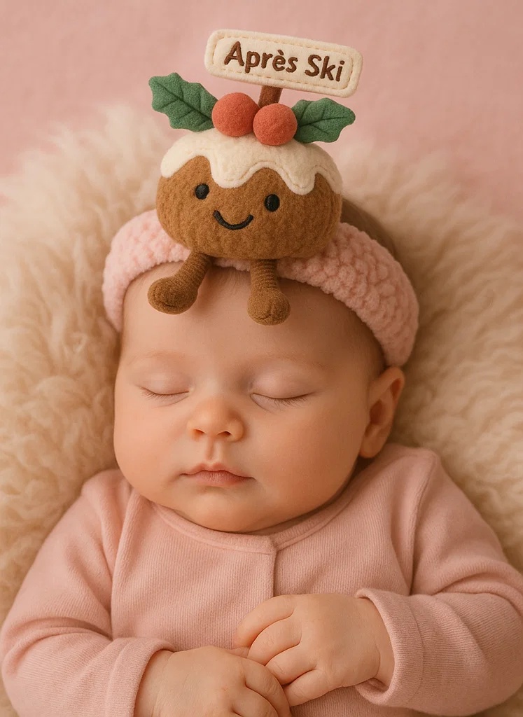 Bandeau Bébé de Noël avec Peluche Pudding “Après Ski” – Bandeau Hiver en Molleton Doux