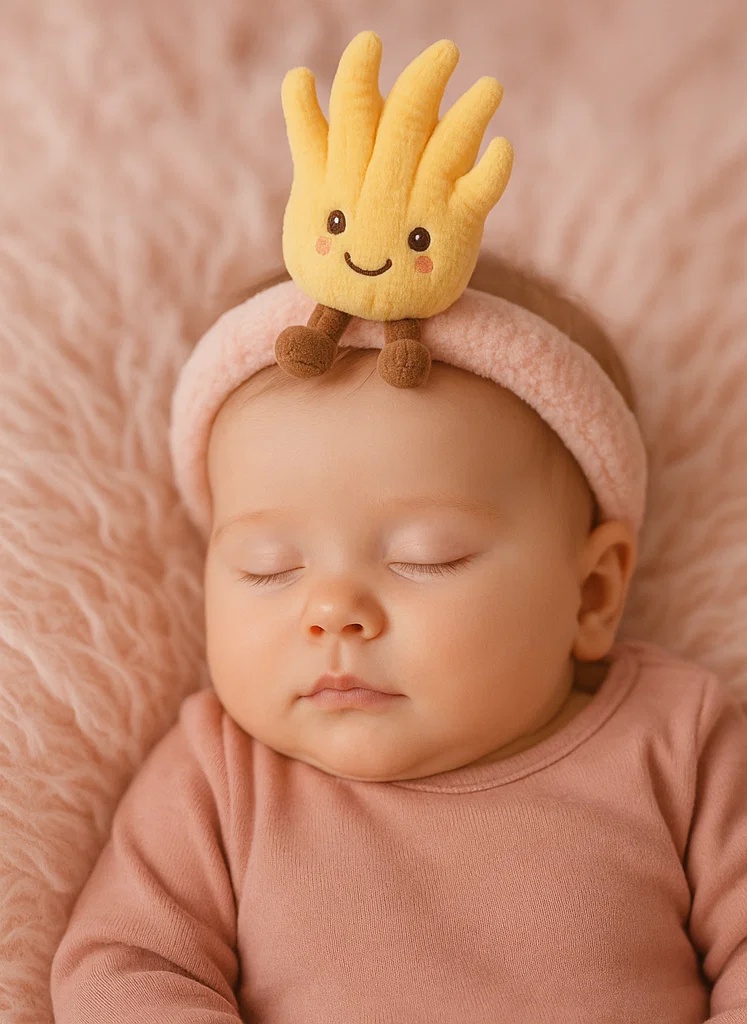 Diadema para Bebé con Juguete de Mano de Buda | Accesorio de Peluche Creativo y Dulce