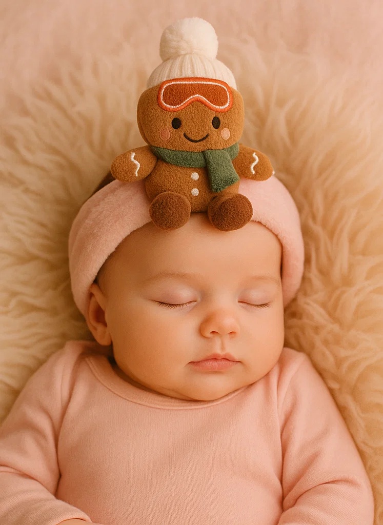Faixa de Cabelo Natalina para Bebê com Boneco de Gengibre – Tira de Pelúcia Macia para Recém-nascido