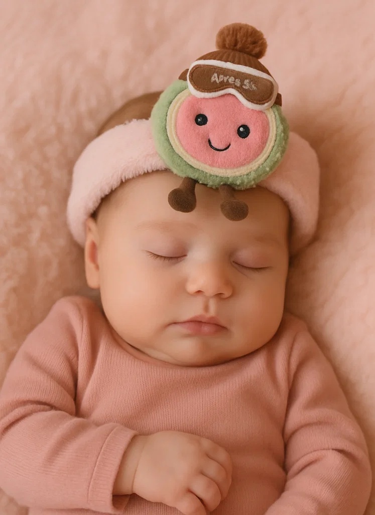 Mangosteen Plush Baby Headband with Après Ski Goggles and Pom Hat – Winter Sport Fruit Style