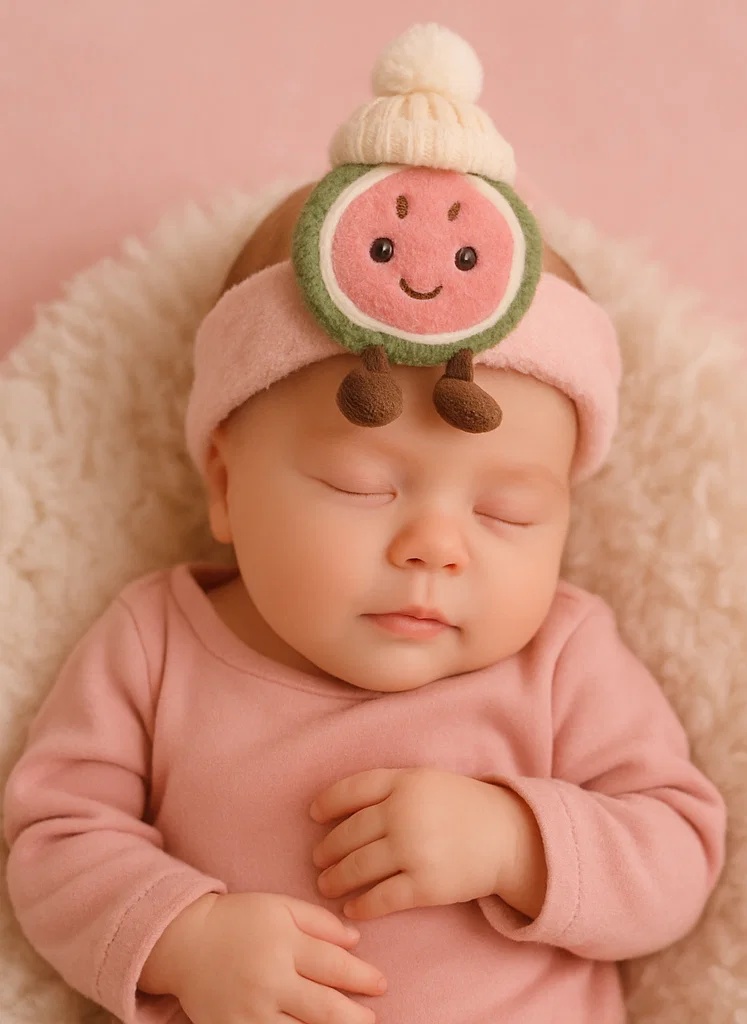 Mangosteen Plush Baby Headband with Cream Pom Hat – Tropical Fruit Winter Look