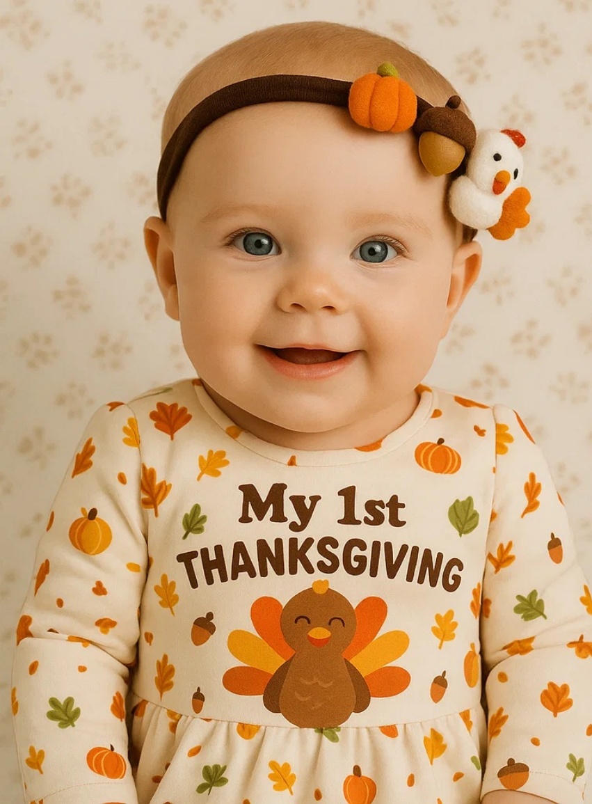 Faixa de Cabelo de Ação de Graças para Bebê com Peru Branco e Abóbora