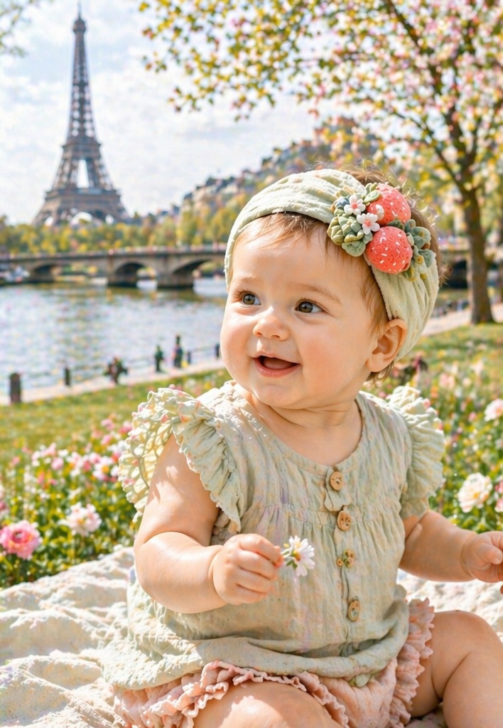 Faixa de cabelo sage green para bebê com morangos duplos e flores - OEM ODM Atacado Marca Própria