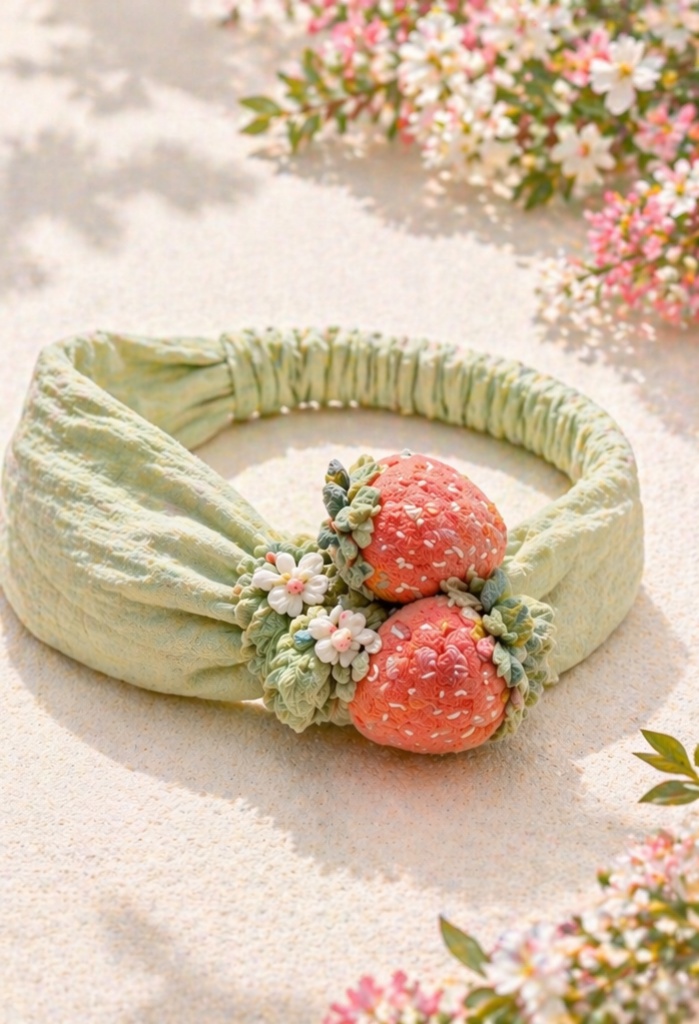 Faixa de cabelo sage green para bebê com morangos duplos e flores - OEM ODM Atacado Marca Própria