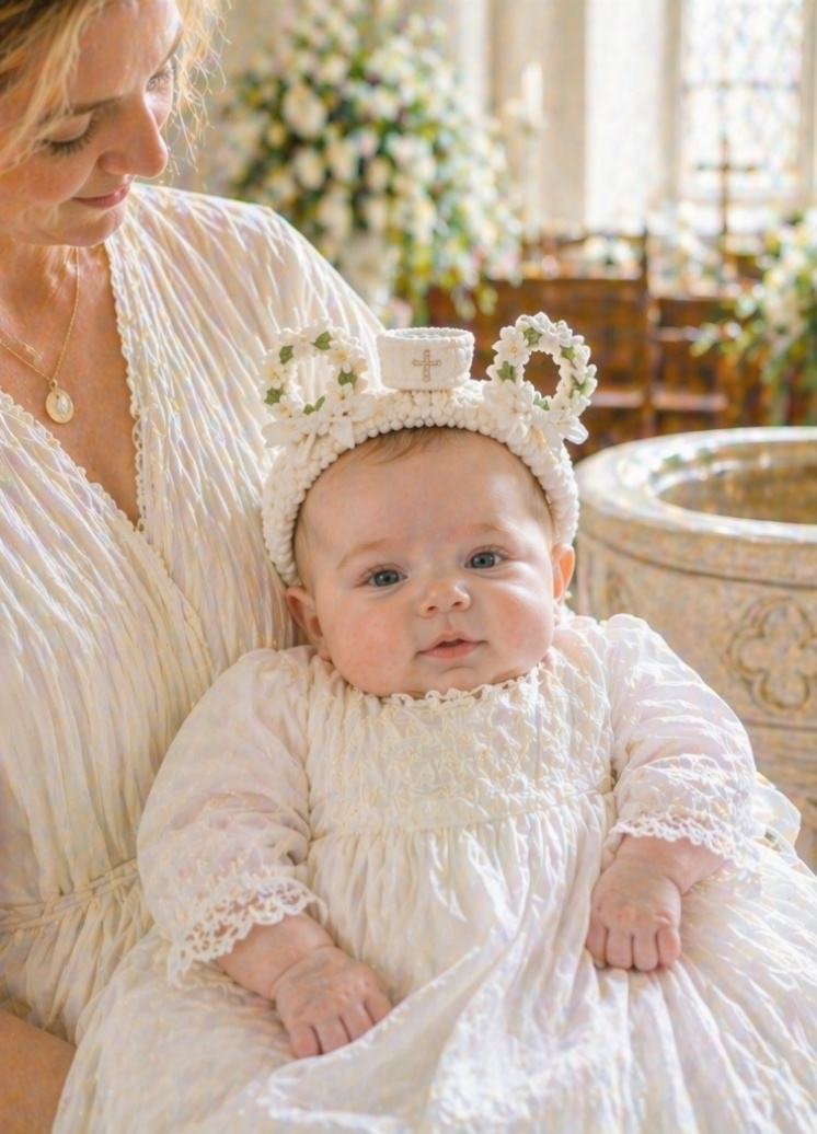 Custom Floral Wreath Christening Baby Headband with Removable Communion Doll
