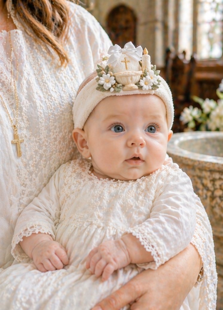 OEM Communion Chalice Baptism Baby Headband with Detachable Doll Accent