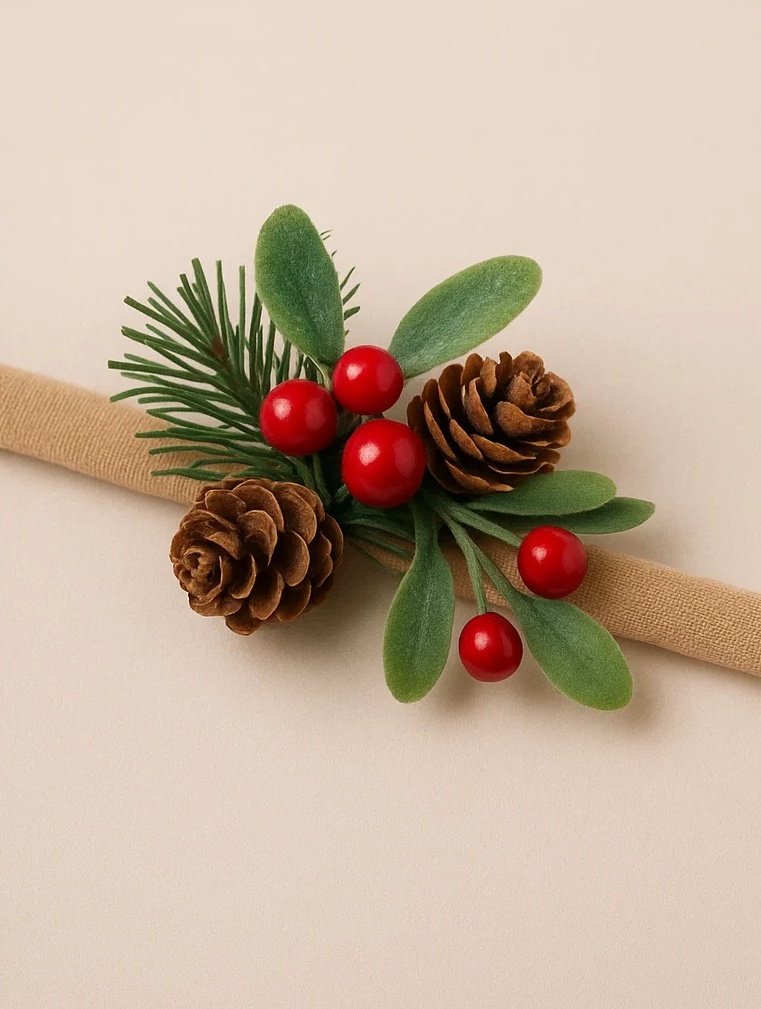 Christmas Pinecone Baby Headband with Holly and Red Berries
