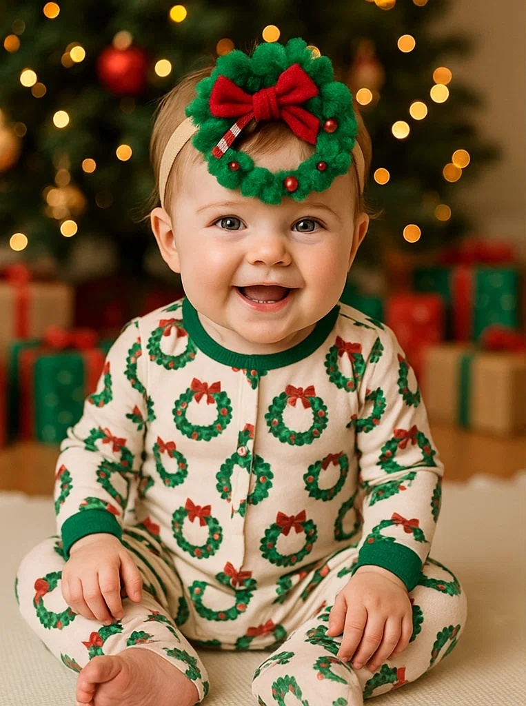 Christmas Wreath Baby Headband with Red Bow and Bell