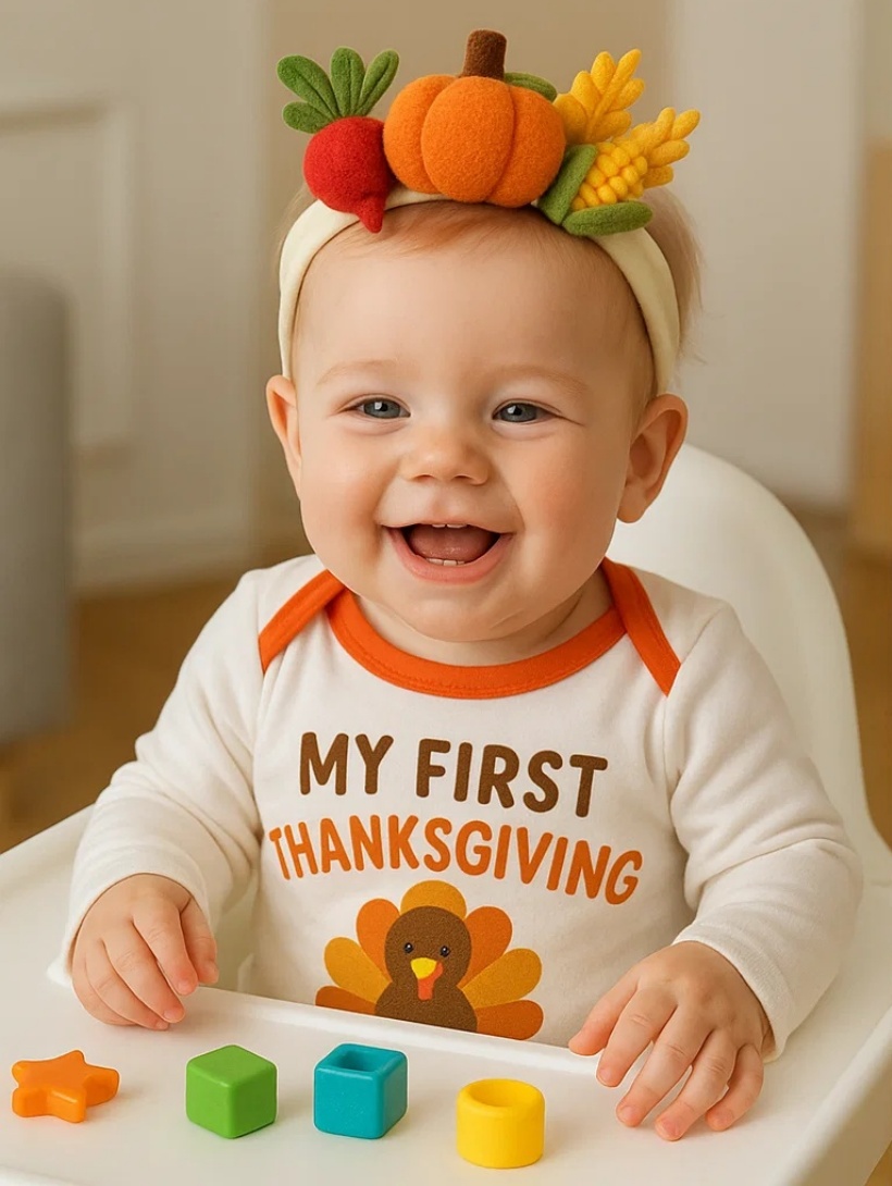 Baby Thanksgiving Headband with Crocheted Pumpkin, Corn, and Radish Design